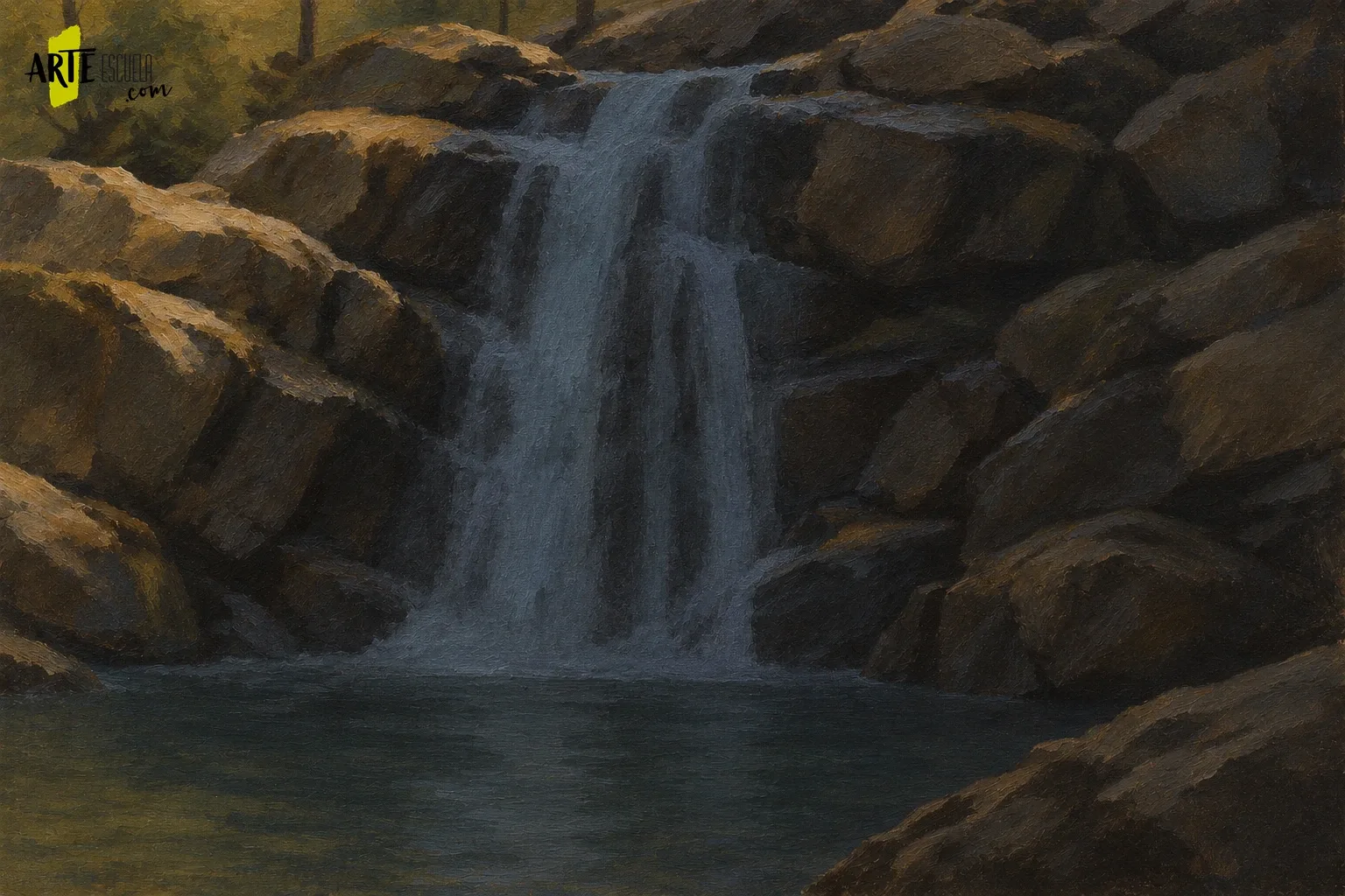 Cómo pintar una cascada con acrílico sin convertirla en una franja blanca Base oscura de una cascada entre rocas, con el recorrido del agua indicado en gris azulado