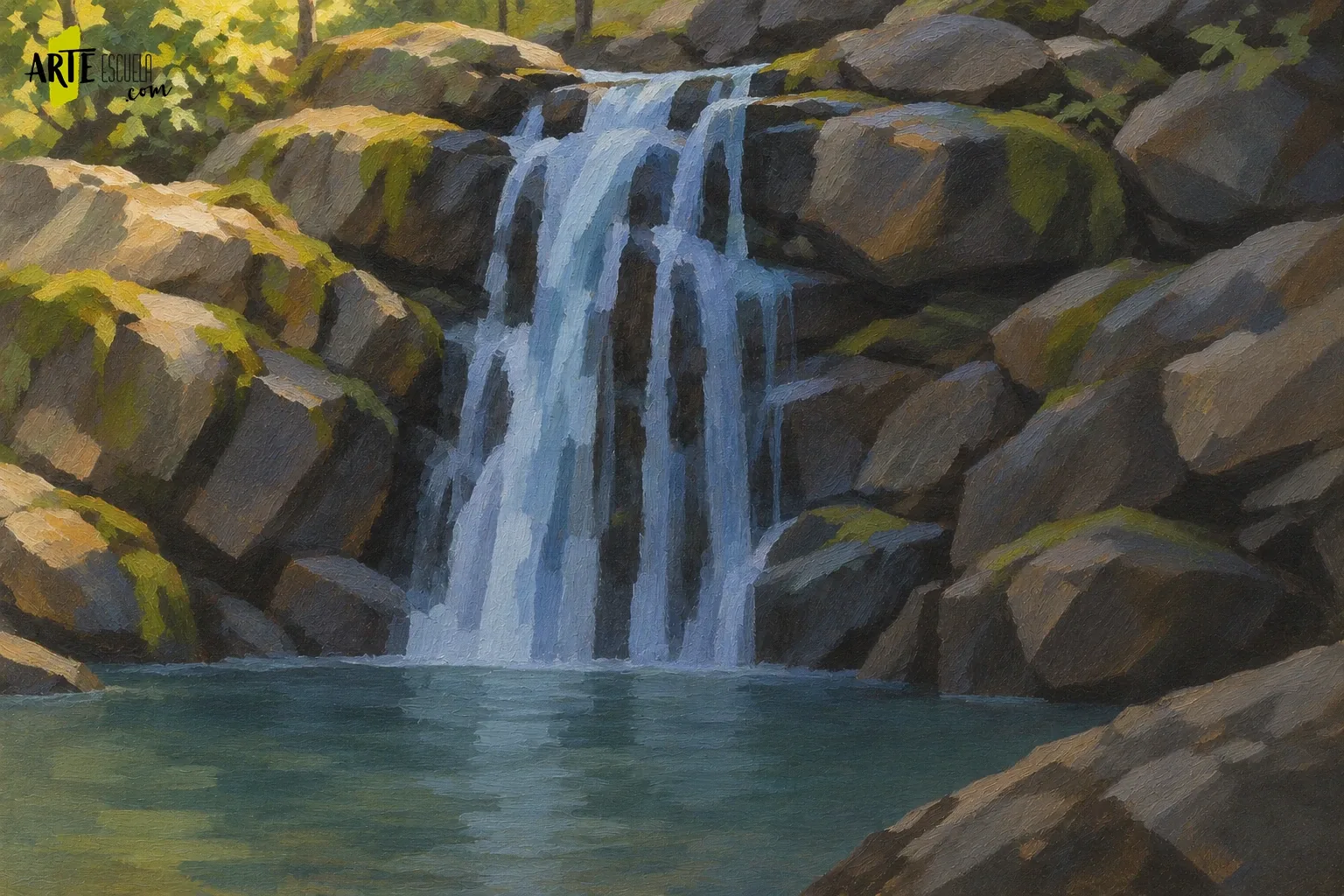 Cómo pintar una cascada con acrílico sin convertirla en una franja blanca Cascada con bandas azules interrumpidas y rocas visibles entre los tramos de agua