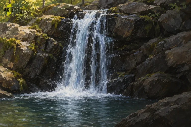 Cascada acrílica terminada con luces rotas, espuma en la base y pequeñas ondas en la poza