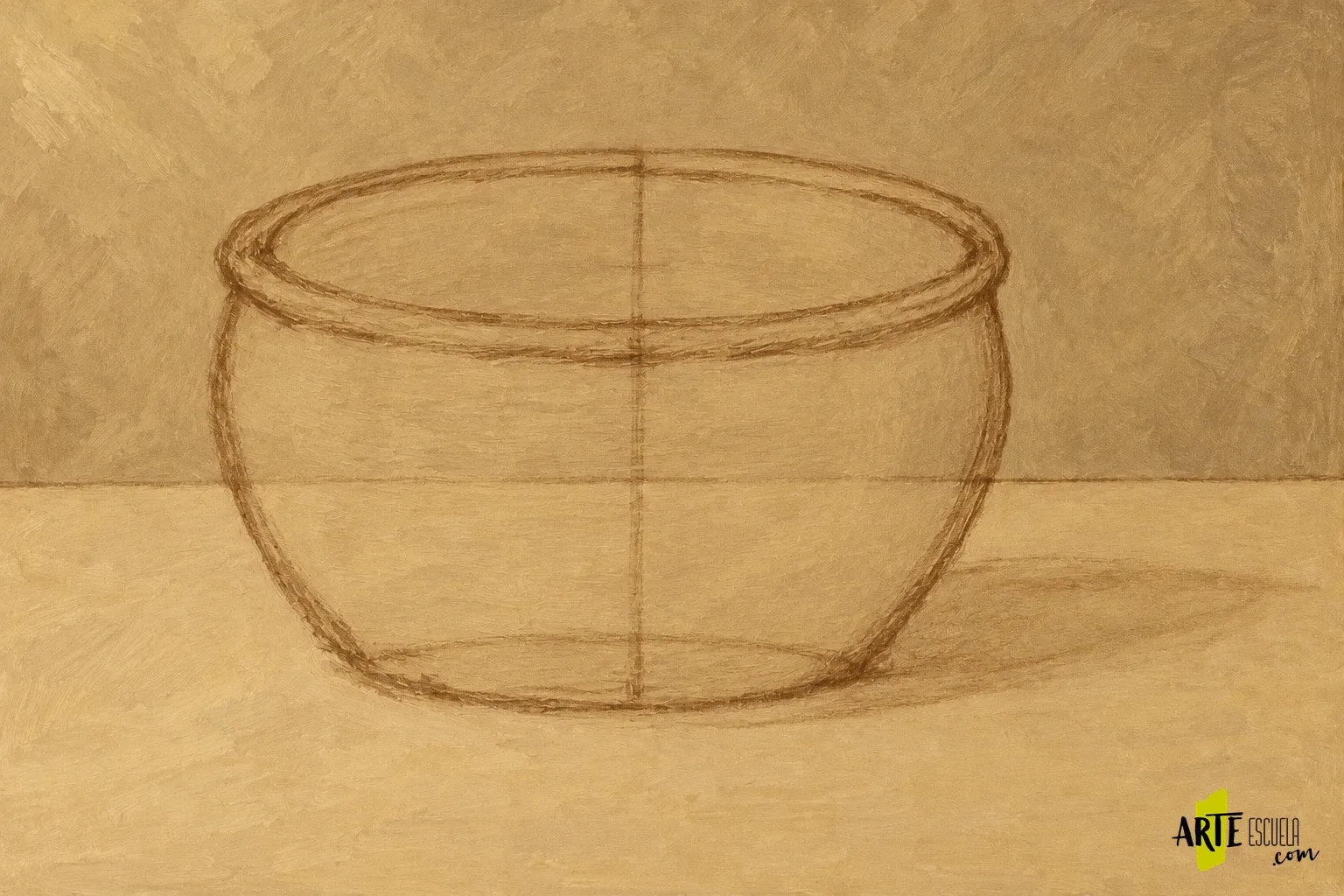 Cómo pintar una cesta de mimbre al óleo sin dibujar cada tira Encaje de una cesta ovalada vacía sobre una mesa, con eje, abertura y sombra indicados
