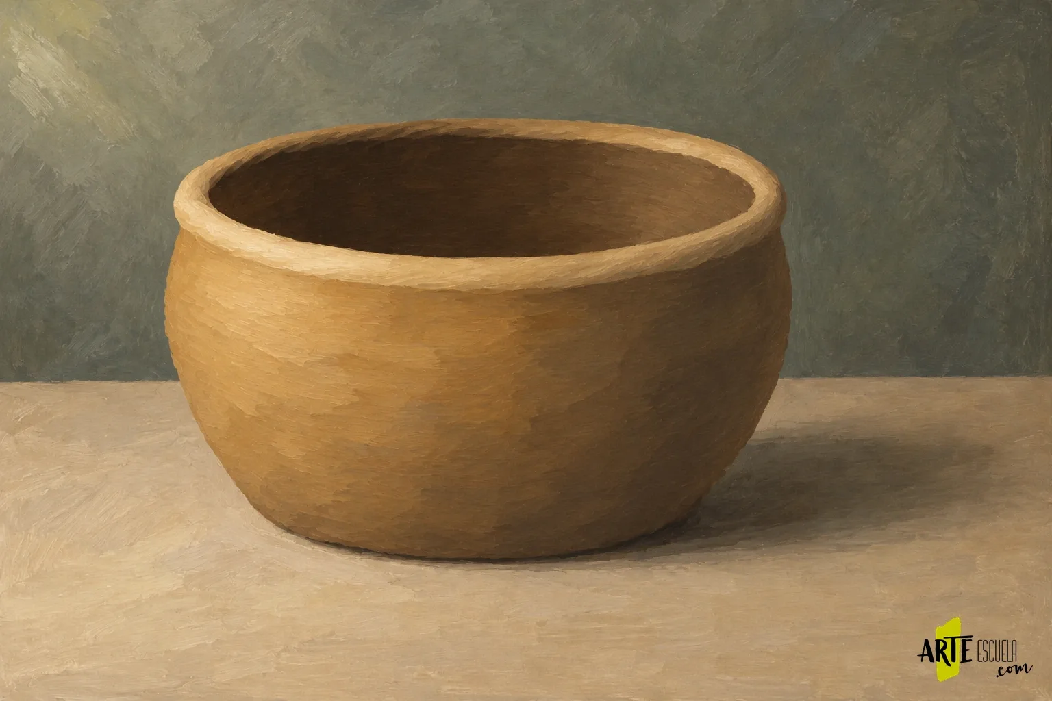 Cómo pintar una cesta de mimbre al óleo sin dibujar cada tira Cesta modelada al óleo en tonos ocres y marrones, todavía sin la trama del mimbre