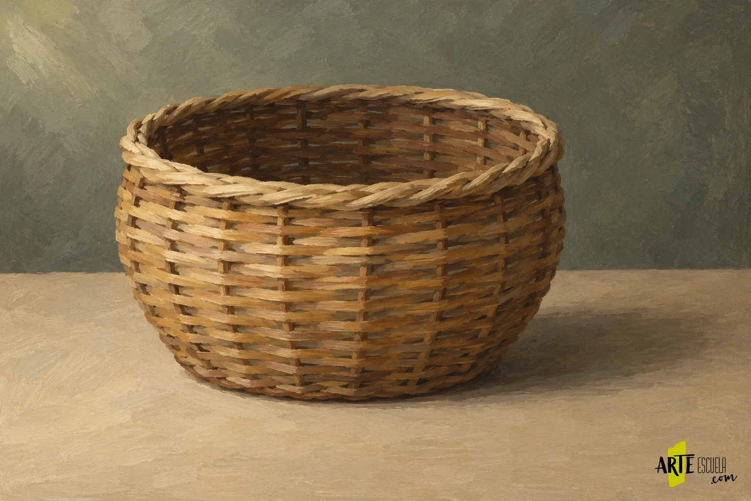 Cómo pintar una cesta de mimbre al óleo sin dibujar cada tira Cesta de mimbre al óleo terminada con bandas curvas, cruces sugeridos y luz lateral