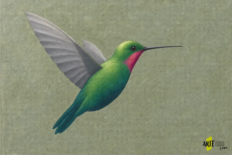Colibrí verde de perfil con garganta magenta, pico fino y marcas seleccionadas de plumas en las alas