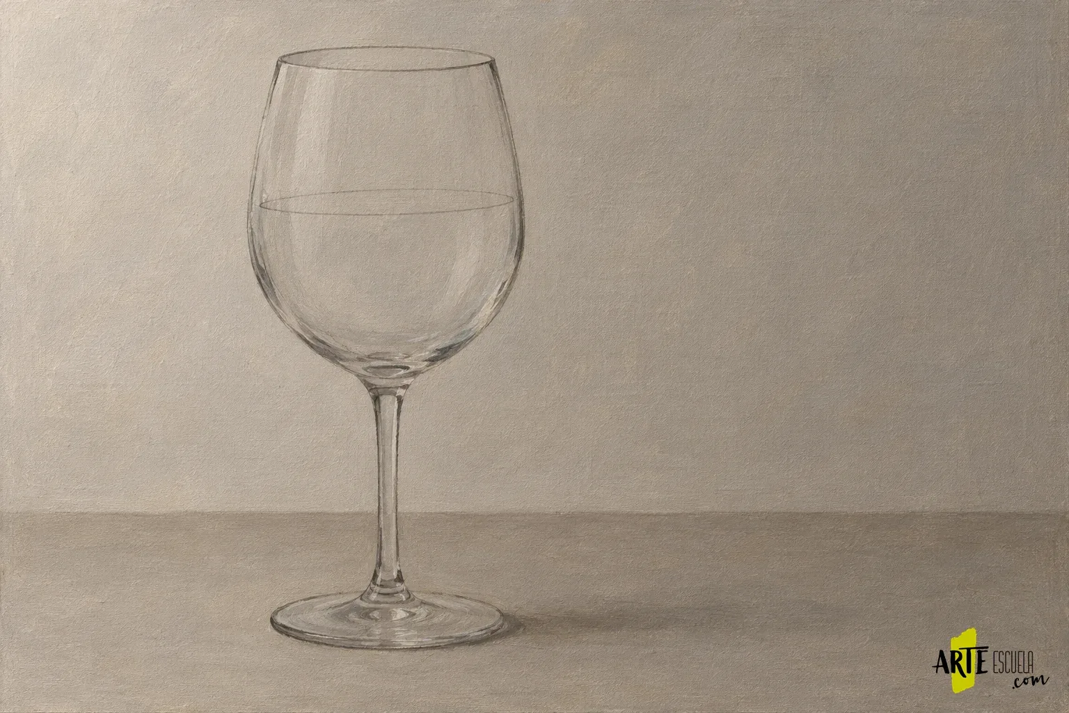 Encaje de una copa transparente sobre un fondo gris, con el nivel del vino señalado y reflejos aún suaves