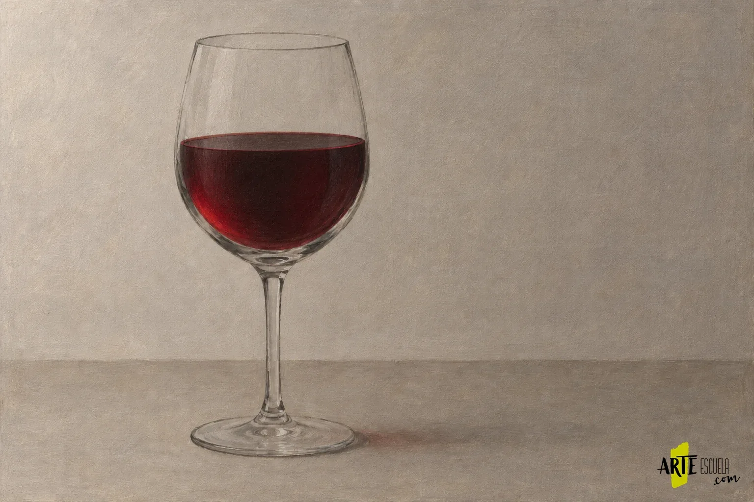 Copa con vino burdeos, una franja roja luminosa y elipse del líquido definida sobre el fondo gris