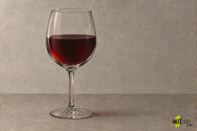 Cómo pintar una copa de vino con acrílico: transparencias y reflejos de color Copa de vino tinto terminada en acrílico con reflejos blancos selectivos, tallo fino y transparencia del fondo