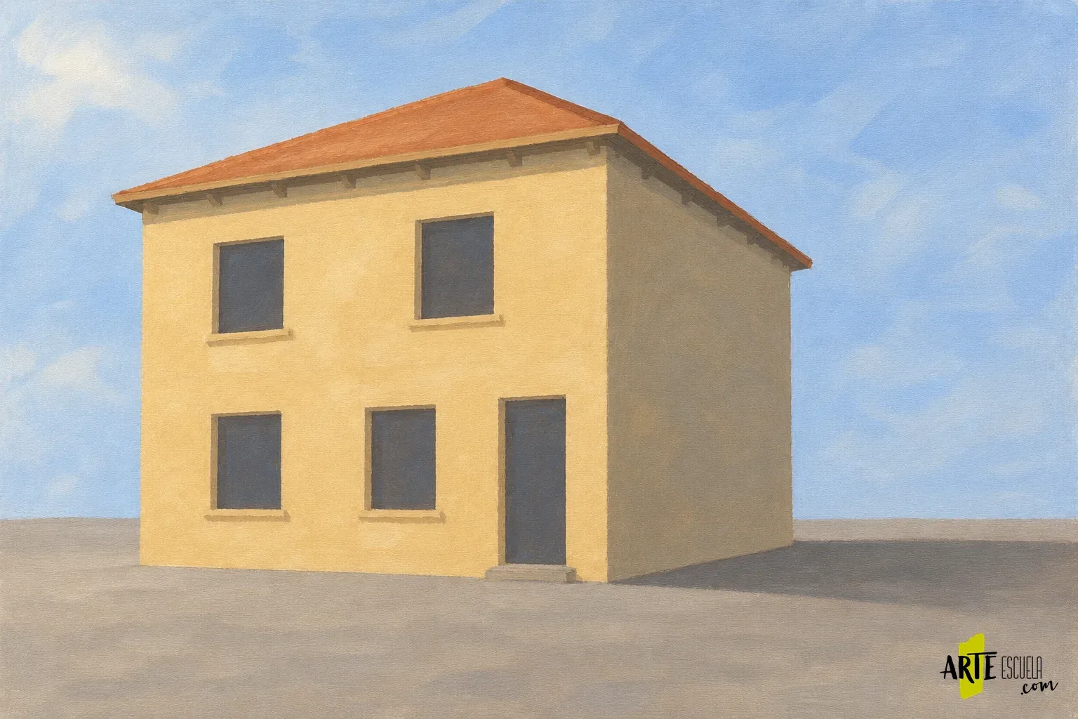 Edificio con fachada ocre iluminada, lateral más oscuro, cubierta terracota y ventanas pintadas como huecos