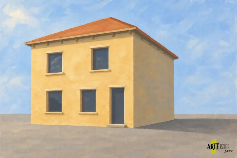 Cómo pintar edificios con acrílico: una fachada con luz y sombras Fachada ocre terminada con marcos seleccionados, reflejos discretos y sombras bajo los aleros y ventanas