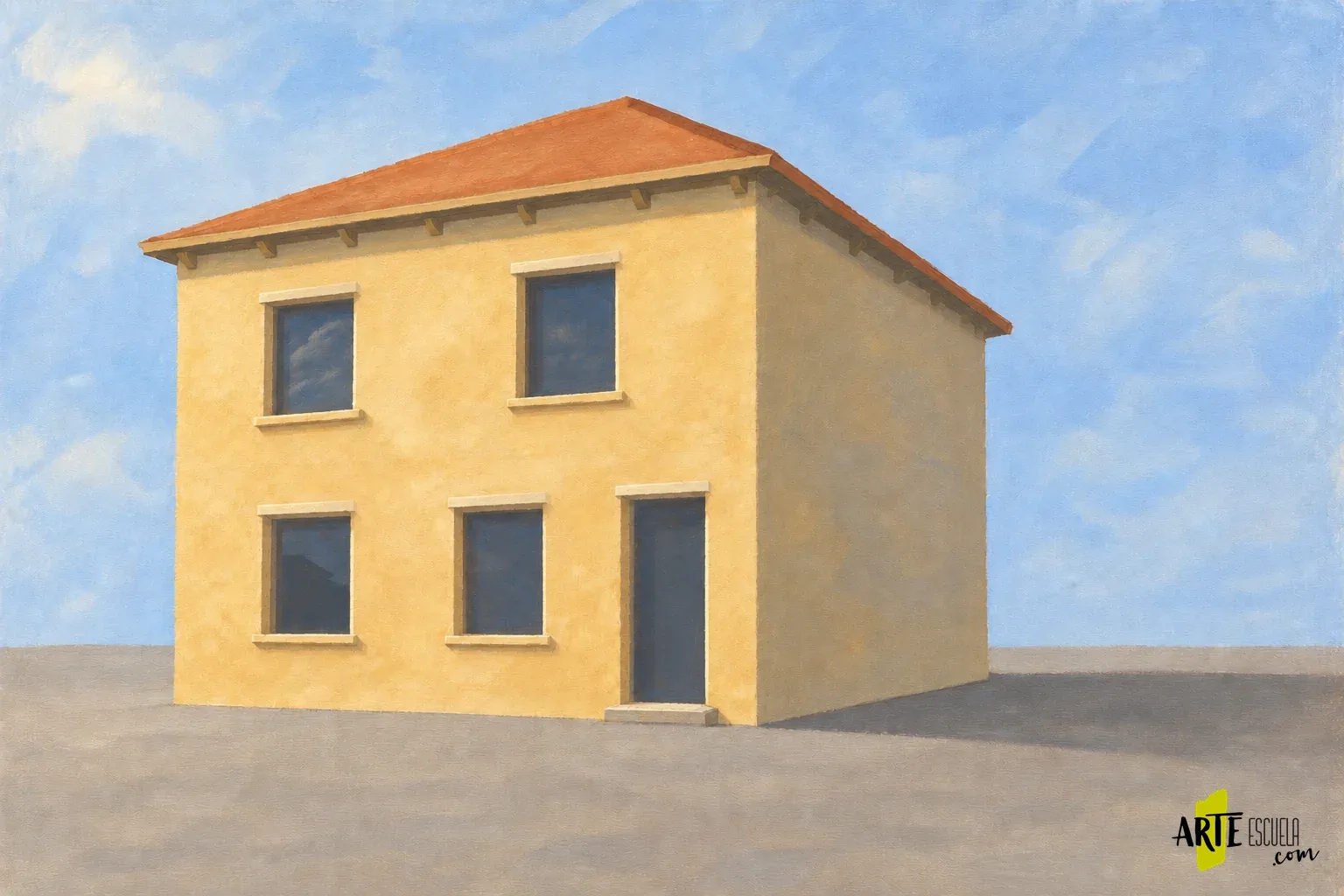 Fachada ocre terminada con marcos seleccionados, reflejos discretos y sombras bajo los aleros y ventanas