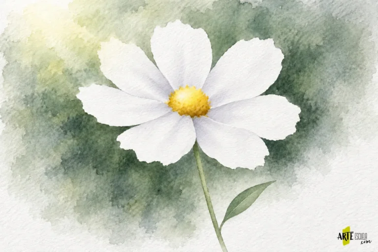 Flor blanca terminada en acuarela con bordes perdidos, centro cálido y pétalos luminosos