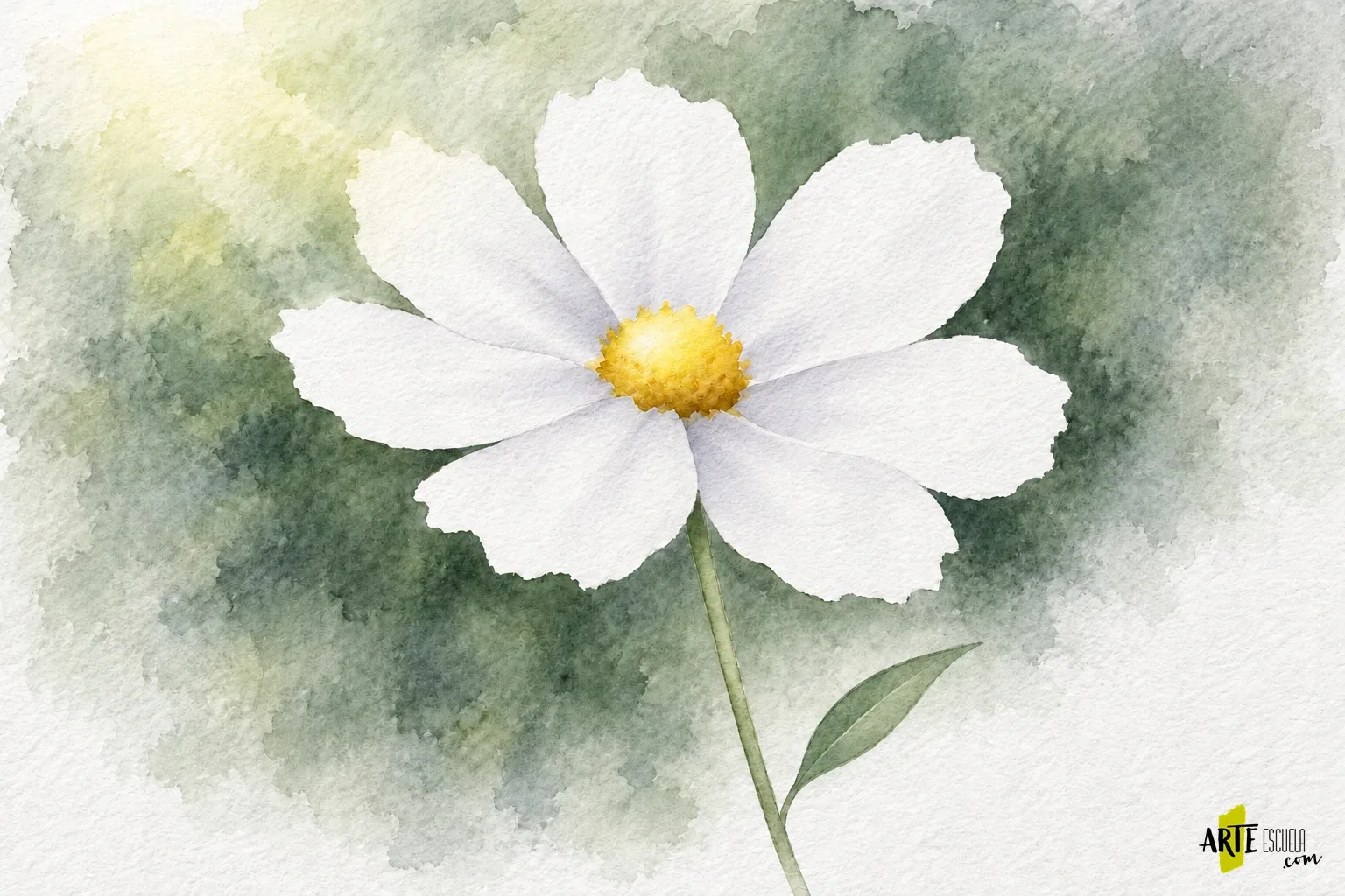 Cómo pintar flores blancas con acuarela sin utilizar el blanco para todo Flor blanca terminada en acuarela con bordes perdidos, centro cálido y pétalos luminosos