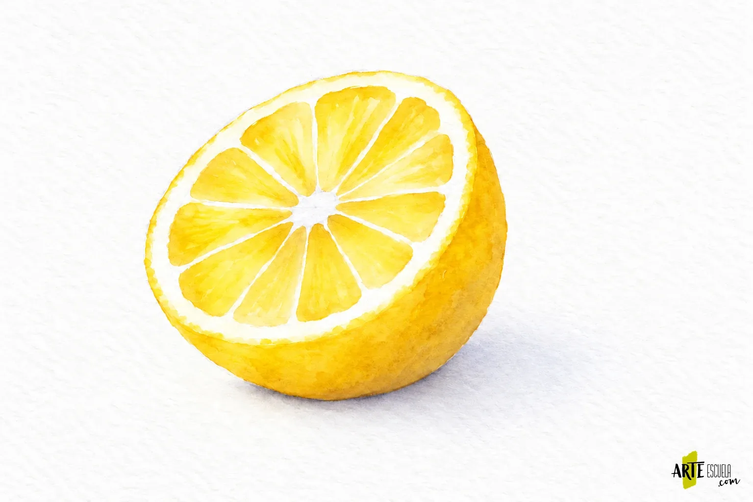 Cómo pintar frutas con acuarela: un limón cortado paso a paso Medio limón terminado en acuarela con pulpa luminosa, membranas finas y textura irregular en la piel