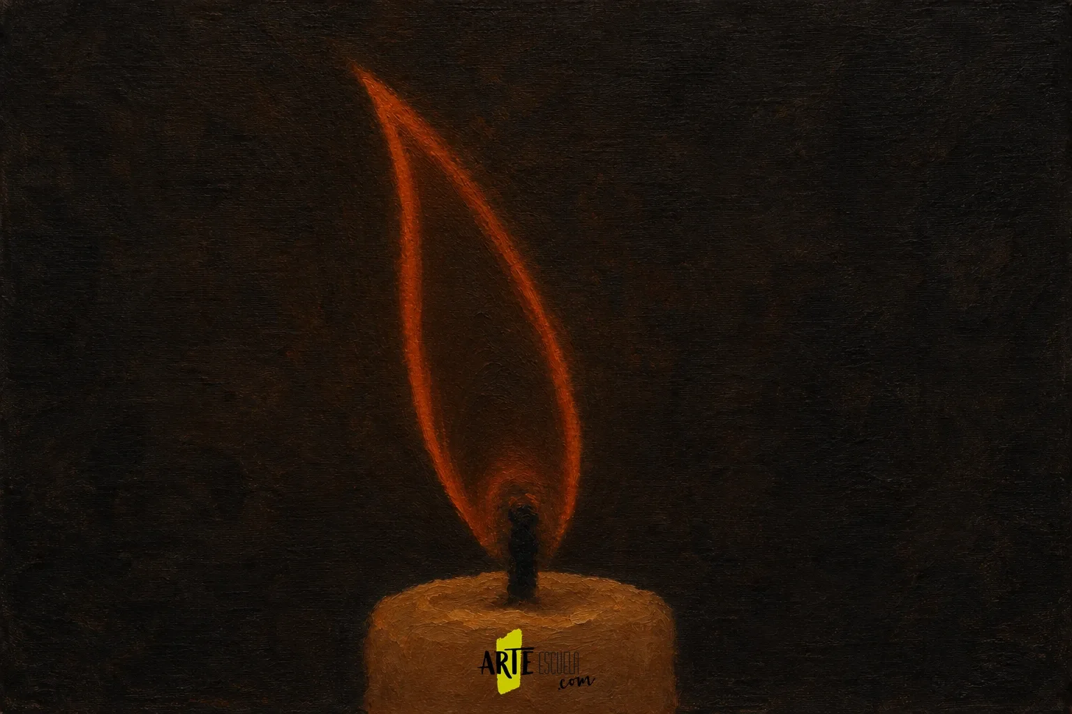 Cómo pintar fuego con acrílico: luz que nace del fondo oscuro Forma inicial de una llama sobre fondo oscuro, con vela y mecha indicadas en tonos apagados