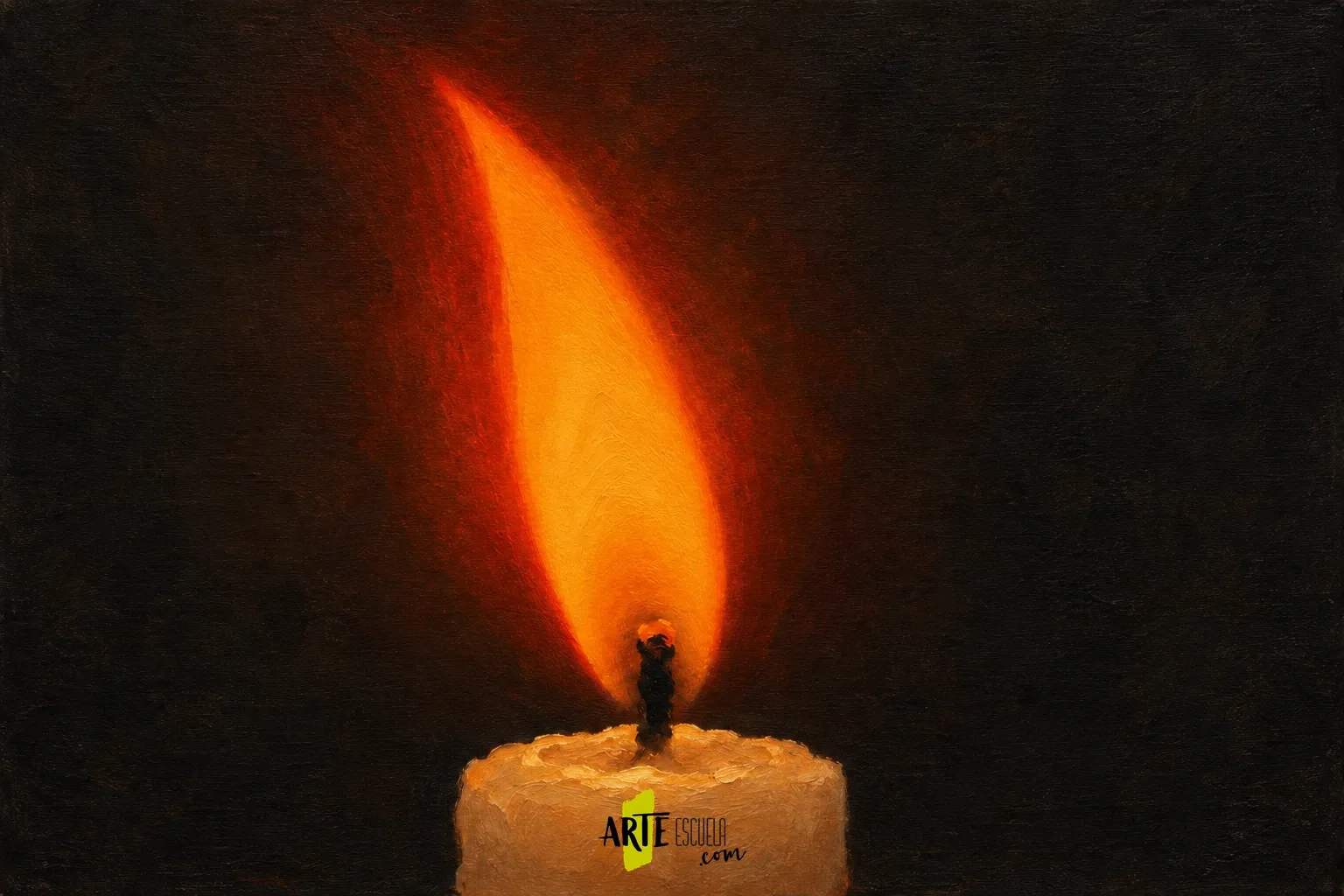 Cómo pintar fuego con acrílico: luz que nace del fondo oscuro Llama con halo rojo anaranjado y cuerpo amarillo naranja antes del núcleo más claro