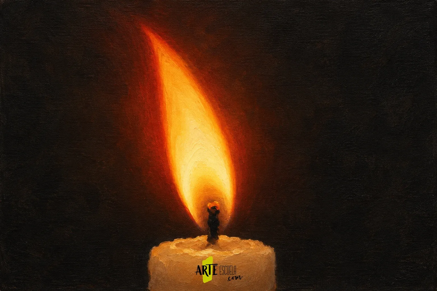 Cómo pintar fuego con acrílico: luz que nace del fondo oscuro Llama terminada con núcleo amarillo pálido, borde cálido y resplandor sobre fondo oscuro