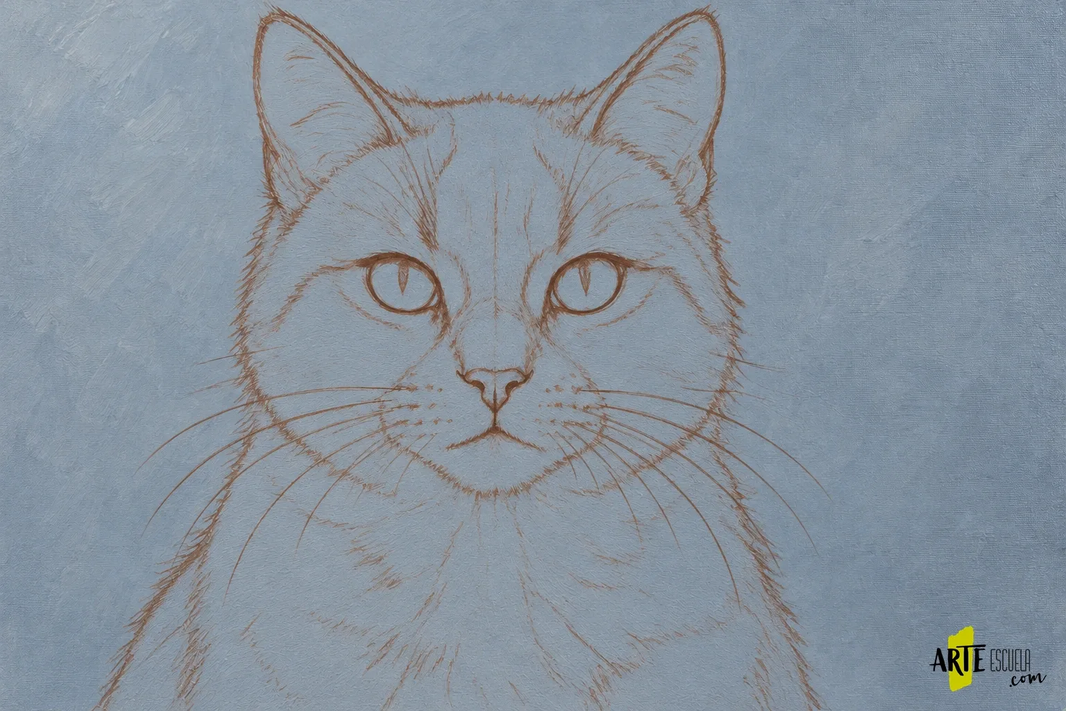 Cómo pintar un gato con acrílico: ojos, hocico y dirección del pelo Encaje lineal de la cabeza frontal de un gato con orejas, ojos, hocico y dirección del pelo