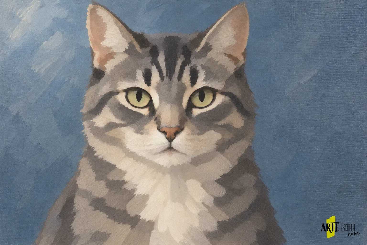 Cómo pintar un gato con acrílico: ojos, hocico y dirección del pelo Retrato de gato con masas grises y crema y ojos verdes todavía sin brillos ni bigotes claros