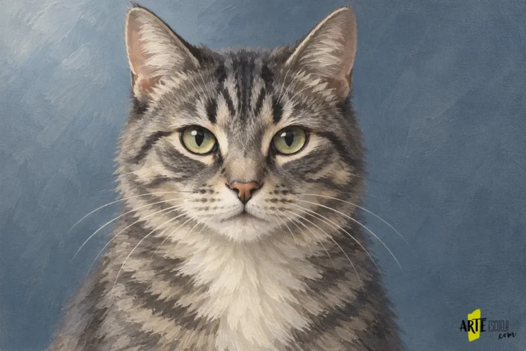 Cómo pintar un gato con acrílico: ojos, hocico y dirección del pelo Gato atigrado pintado con acrílico, con ojos verdes, hocico claro y bigotes finos