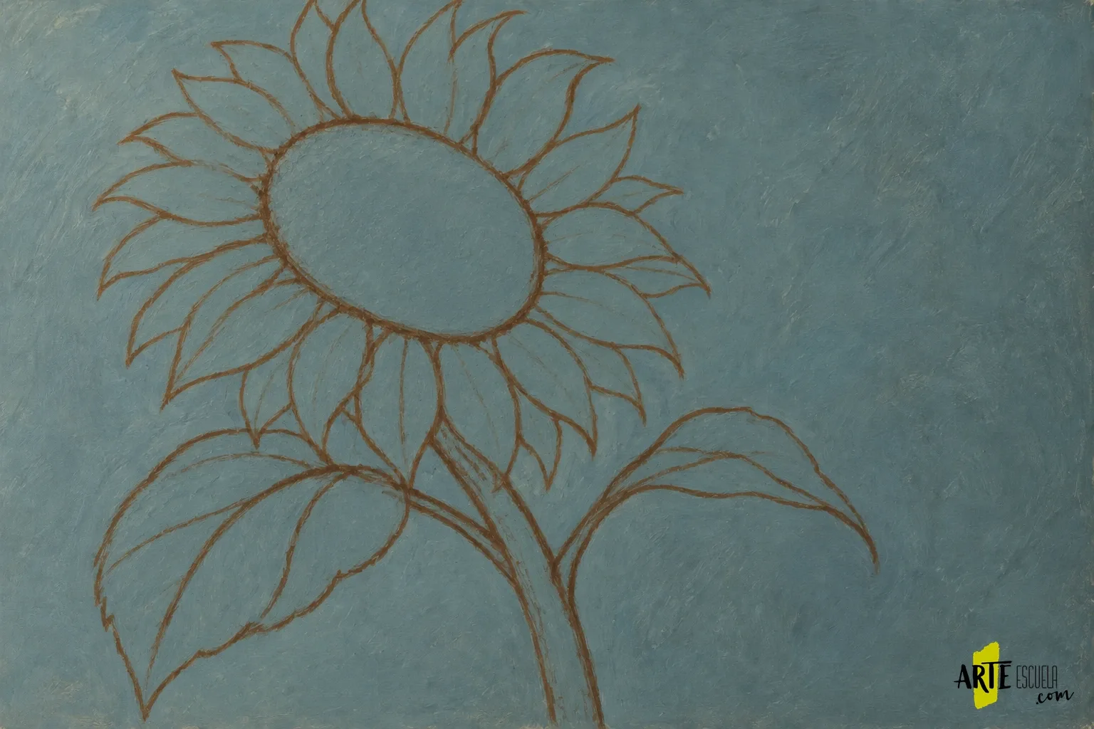 Cómo pintar un girasol con acrílico: centro, pétalos y hojas Dibujo inicial de un girasol inclinado con centro ovalado, pétalos, tallo y dos hojas