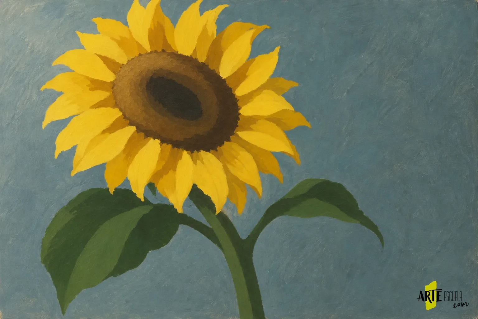 Cómo pintar un girasol con acrílico: centro, pétalos y hojas Girasol con grandes zonas amarillas, centro marrón en tres valores y hojas verdes