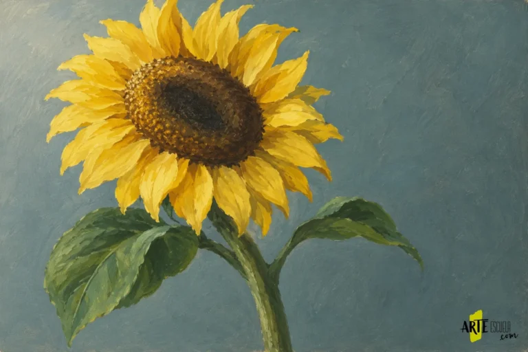 Girasol pintado con acrílico con pétalos superpuestos, centro volumétrico y hojas iluminadas