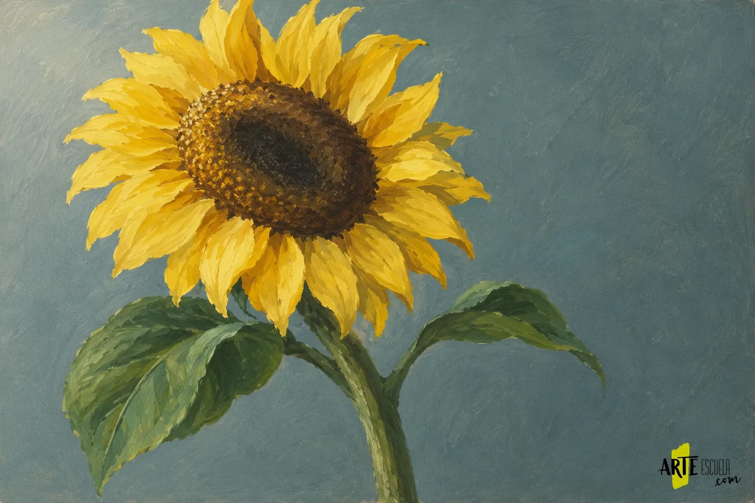 Cómo pintar un girasol con acrílico: centro, pétalos y hojas Girasol pintado con acrílico con pétalos superpuestos, centro volumétrico y hojas iluminadas