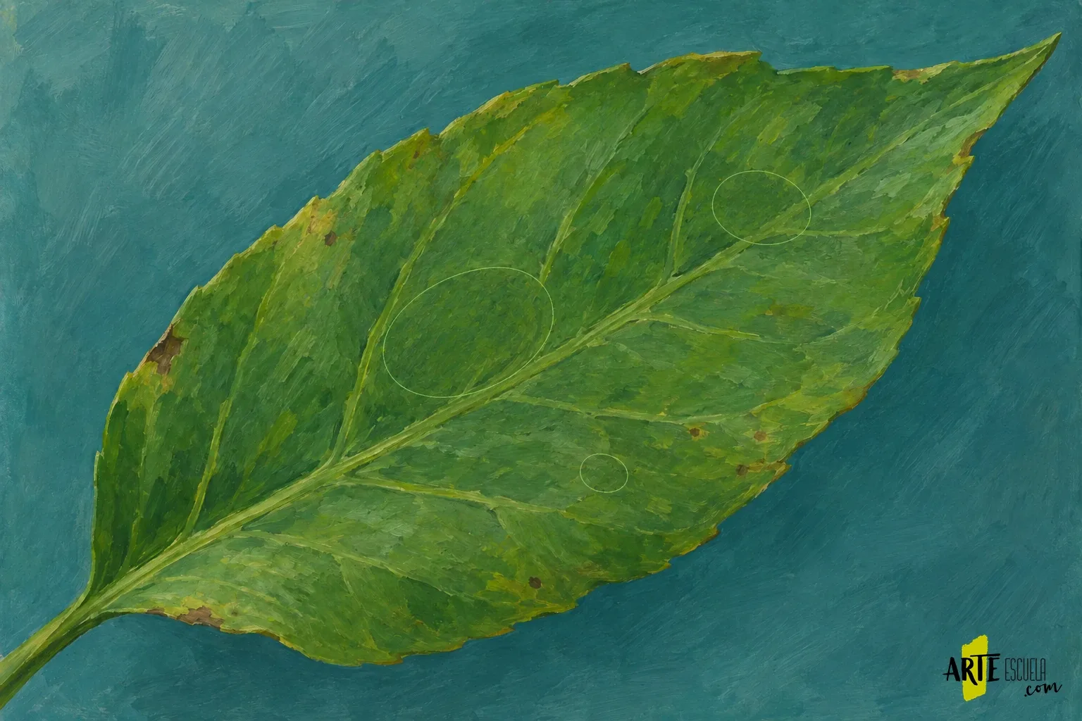 Cómo pintar gotas de agua con acrílico sobre una hoja Hoja verde pintada sobre fondo azulado con tres óvalos suaves que sitúan las futuras gotas