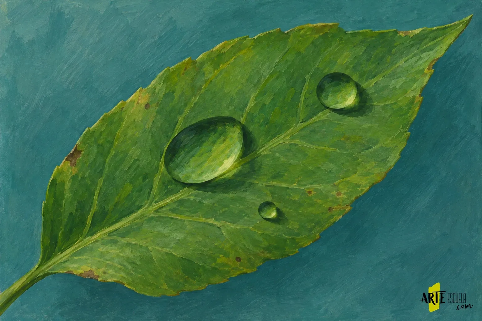 Cómo pintar gotas de agua con acrílico sobre una hoja Tres gotas sobre una hoja con arcos oscuros y luces verdosas, todavía sin destellos blancos