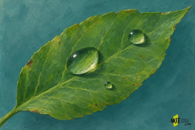 Gotas de agua pintadas con acrílico sobre una hoja verde, con pequeños reflejos blancos arriba a la izquierda