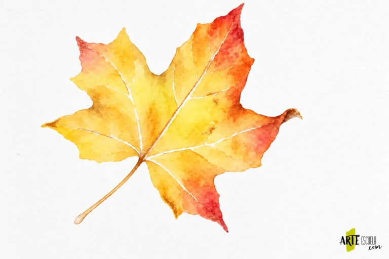 Cómo pintar hojas de otoño con acuarela: manchas, nervios y bordes secos Hoja de otoño terminada con manchas cálidas, nervios claros y pequeños bordes marrones secos