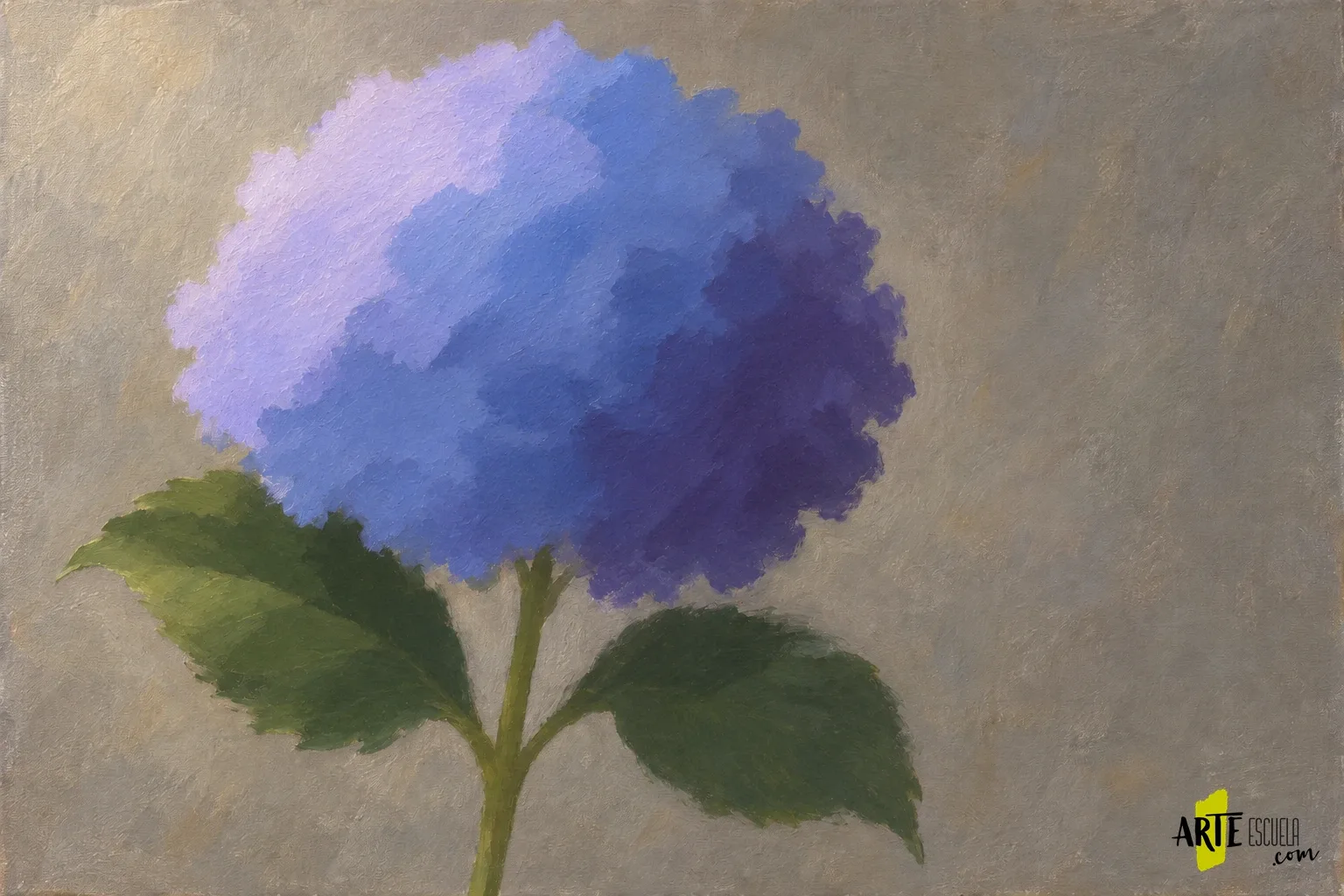Cómo pintar una hortensia al óleo sin dibujar cada flor Hortensia bloqueada en tres masas de azul y violeta, con hojas verdes sin detalle