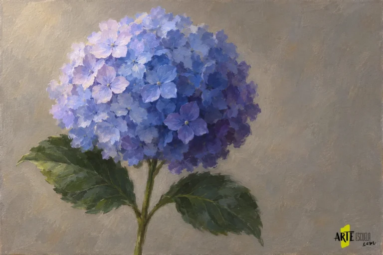 Hortensia al óleo terminada con luz lavanda a la izquierda, sombra violeta y flores seleccionadas