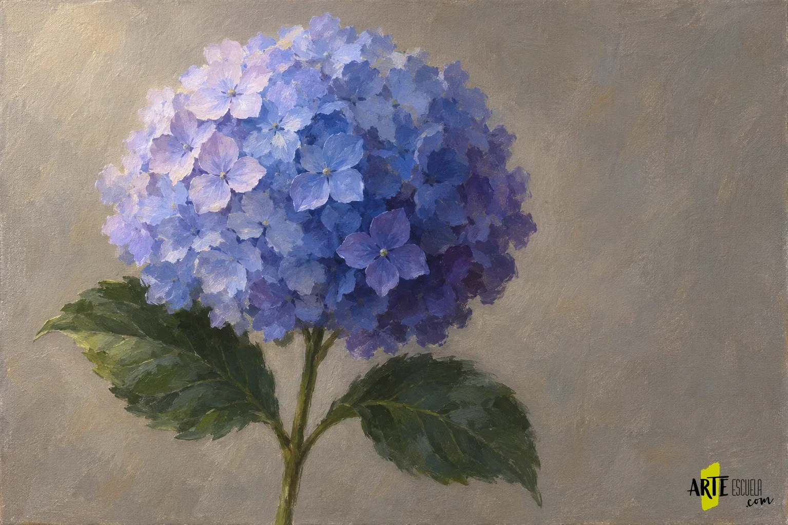 Cómo pintar una hortensia al óleo sin dibujar cada flor Hortensia al óleo terminada con luz lavanda a la izquierda, sombra violeta y flores seleccionadas
