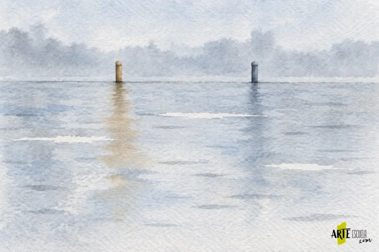 Cómo pintar lluvia con acuarela: reflejos y bordes suaves Dos postes definidos sobre suelo mojado con reflejos suaves, reservas blancas y pequeñas marcas horizontales