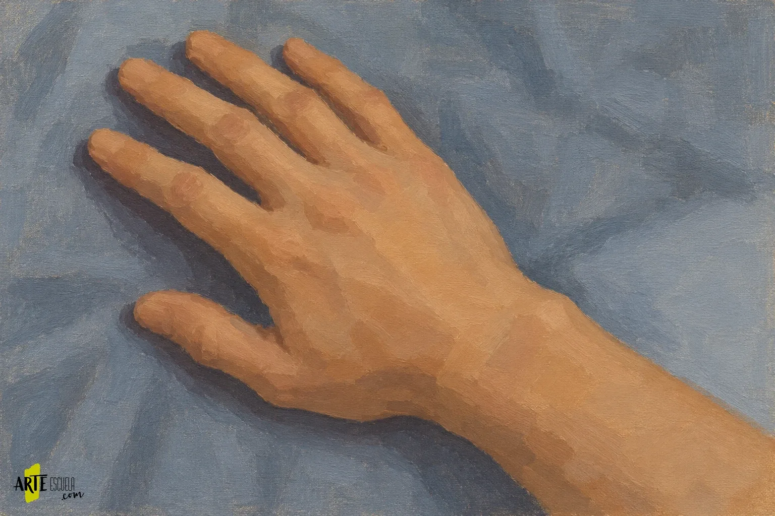 Cómo pintar manos al óleo: planos de piel y articulaciones Mancha inicial al óleo de una mano apoyada sobre tela azul grisácea, con sombra de contacto