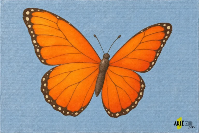 Mariposa naranja terminada con bandas oscuras, puntos crema y antenas finas sobre fondo azul grisáceo