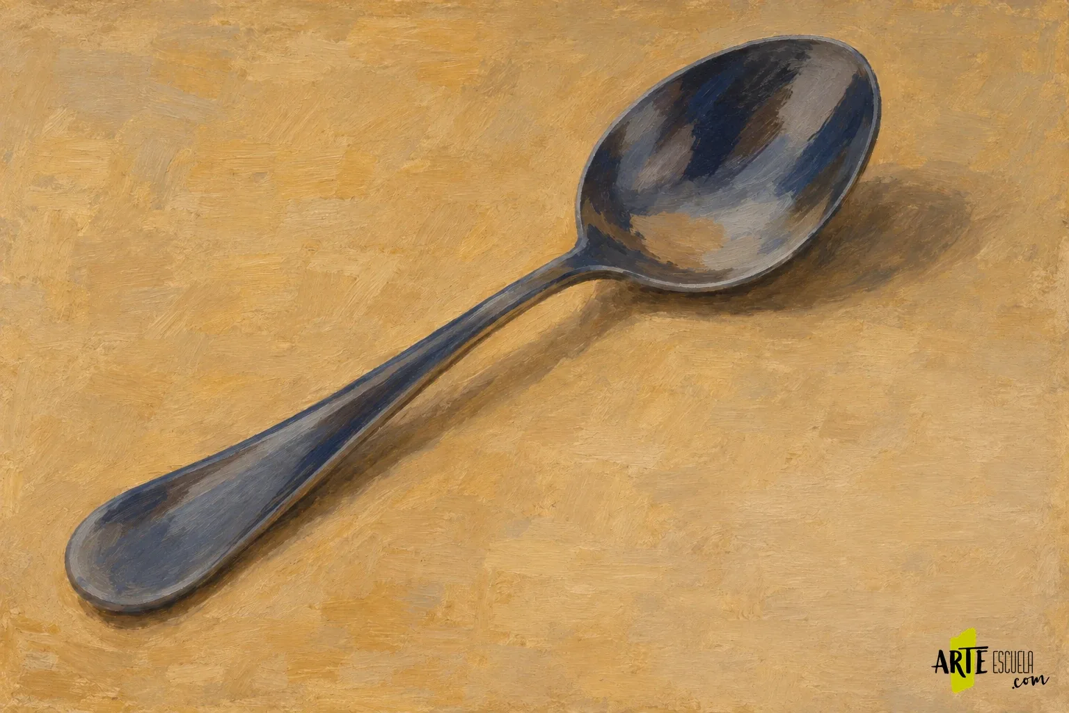 Cómo pintar metal pulido al óleo: reflejos oscuros y luces bien colocadas Cuchara al óleo con reflejos grises cálidos y fríos y sombra de apoyo en desarrollo