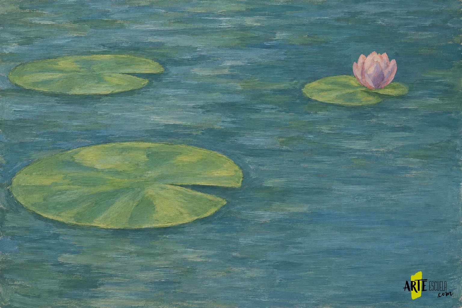 Hojas verdes de nenúfar y flor rosa pintadas por masas sobre el agua azul verdosa