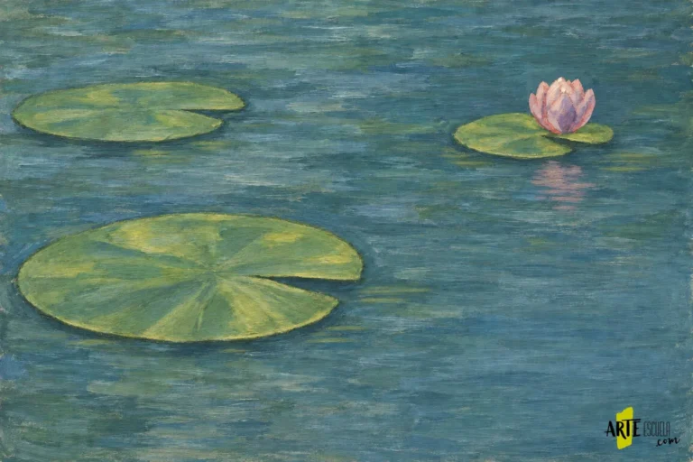 Cómo pintar nenúfares al óleo: hojas flotantes y reflejos Nenúfares al óleo terminados con sombras finas bajo las hojas y un reflejo rosa roto en el agua