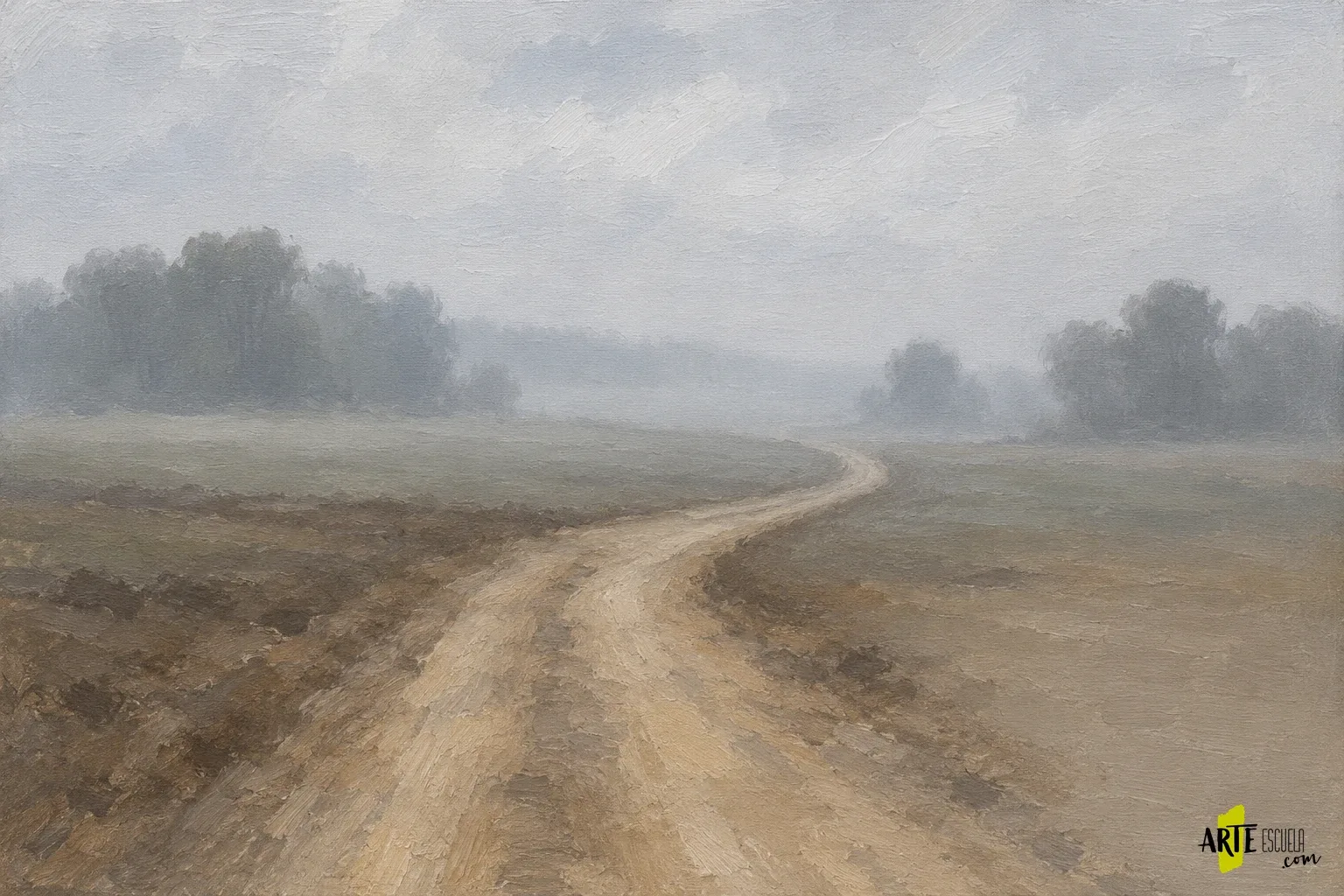 Cómo pintar niebla al óleo: profundidad con menos contraste Manchas iniciales de un camino al óleo entre tres planos grises de niebla