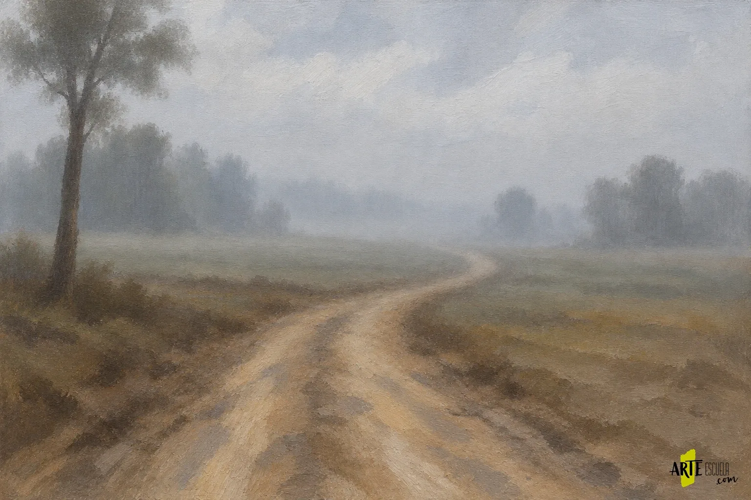 Cómo pintar niebla al óleo: profundidad con menos contraste Camino entre niebla con árboles intermedios suaves y primer término más contrastado
