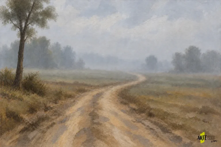 Paisaje al óleo terminado con camino que desaparece en niebla y pocos detalles oscuros cercanos