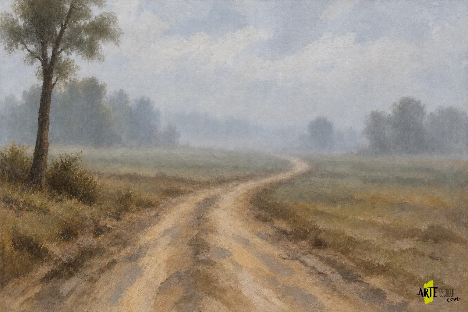 Cómo pintar niebla al óleo: profundidad con menos contraste Paisaje al óleo terminado con camino que desaparece en niebla y pocos detalles oscuros cercanos