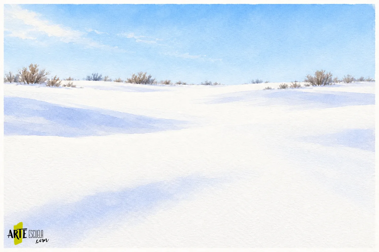 Cómo pintar nieve en acuarela: conservar blancos y dar forma a las sombras Terreno nevado en acuarela con sombras azul violáceas y arbustos bajos junto al horizonte