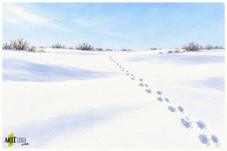 Paisaje nevado con huellas que disminuyen hacia el horizonte y sombras frías sobre papel blanco