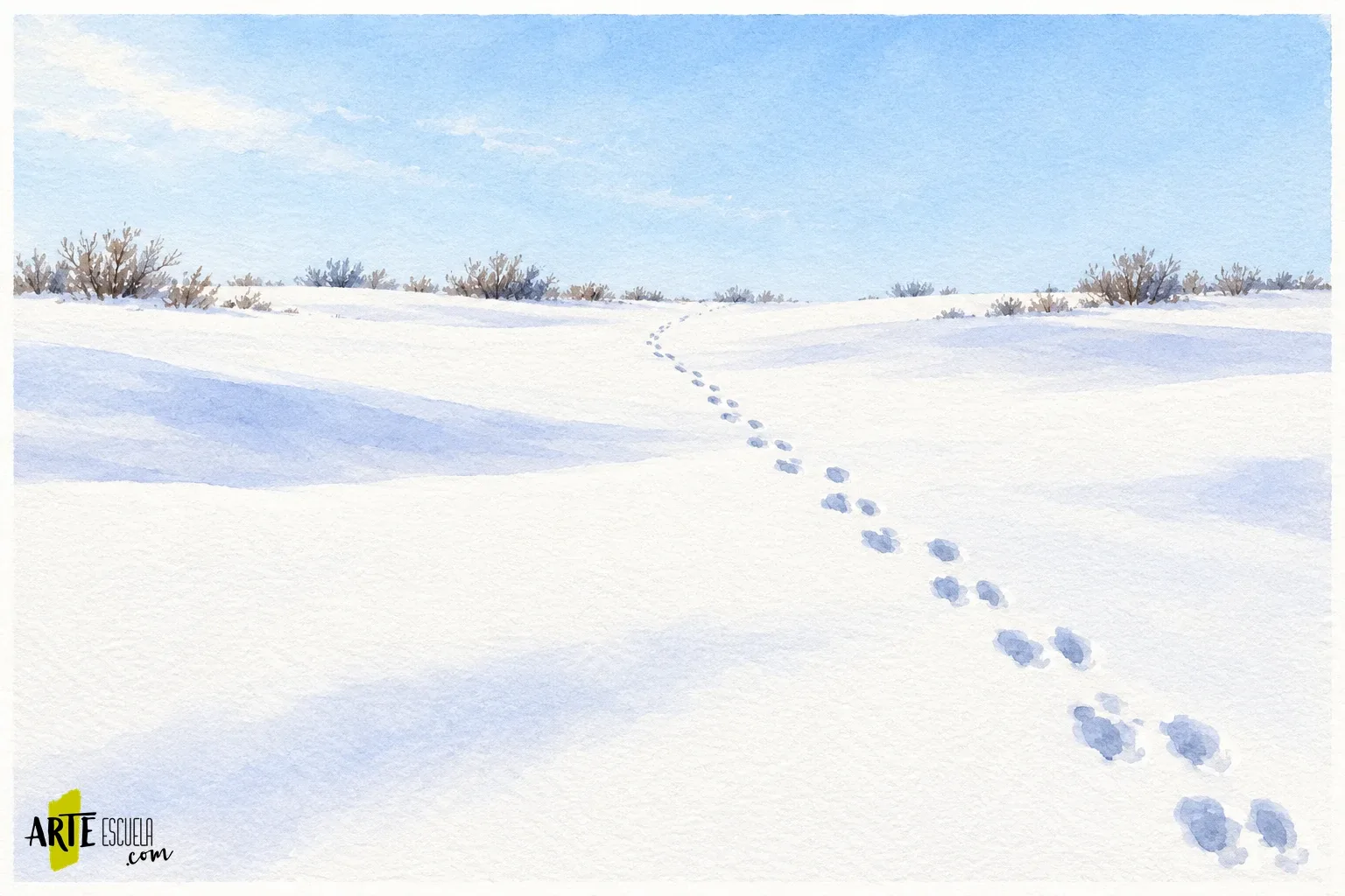 Cómo pintar nieve en acuarela: conservar blancos y dar forma a las sombras Paisaje nevado con huellas que disminuyen hacia el horizonte y sombras frías sobre papel blanco