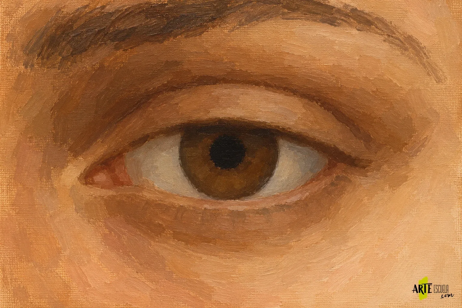 Cómo pintar ojos al óleo: córnea, párpados y humedad Estudio inicial al óleo de un ojo castaño con iris, pupila y grandes manchas de piel sin reflejos