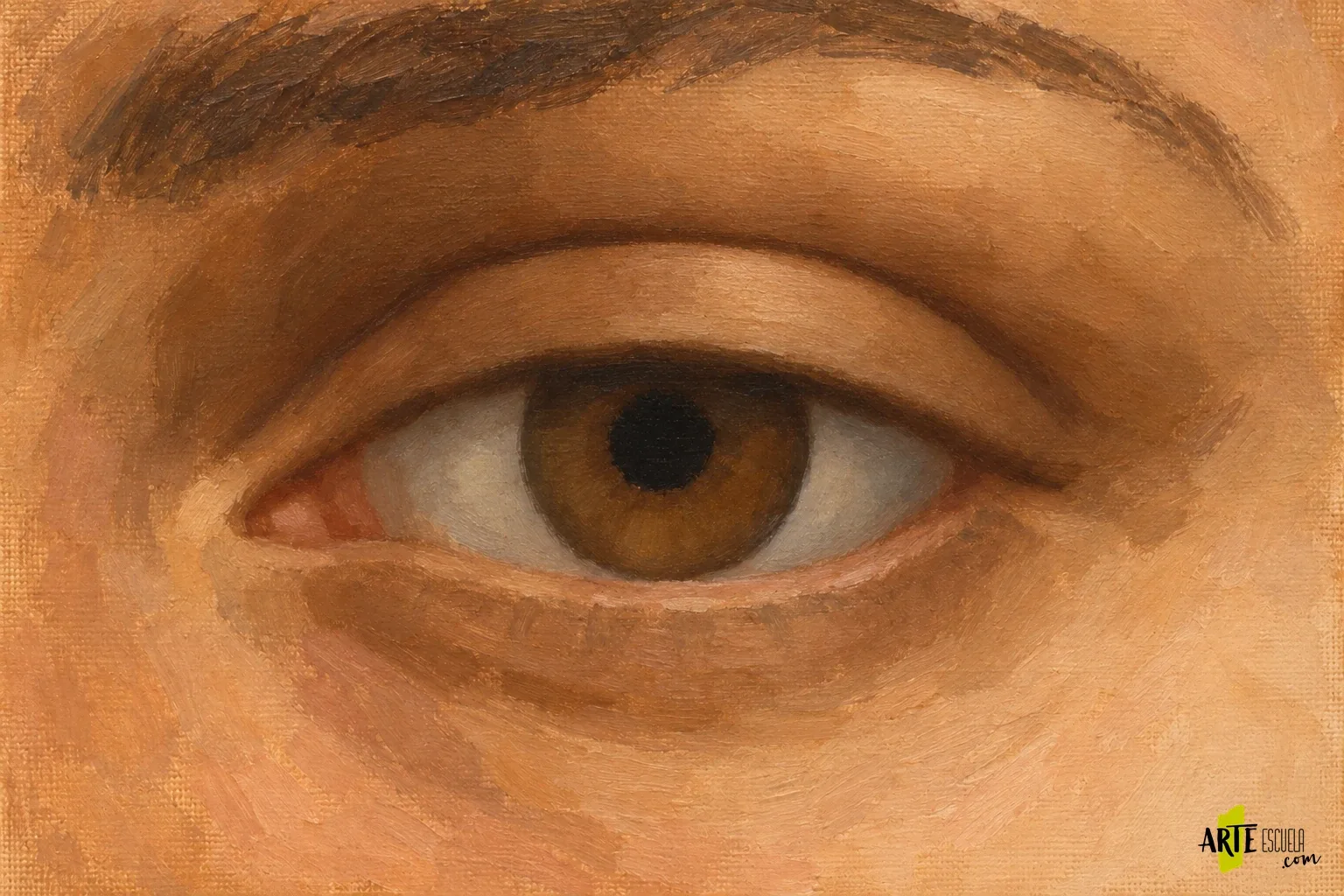 Cómo pintar ojos al óleo: córnea, párpados y humedad Ojo al óleo con sombra del párpado superior, iris modelado y borde inferior cálido todavía sin brillo