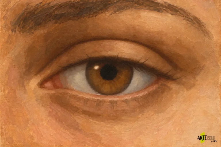 Ojo castaño terminado al óleo con reflejo pequeño, línea húmeda interrumpida y pestañas agrupadas