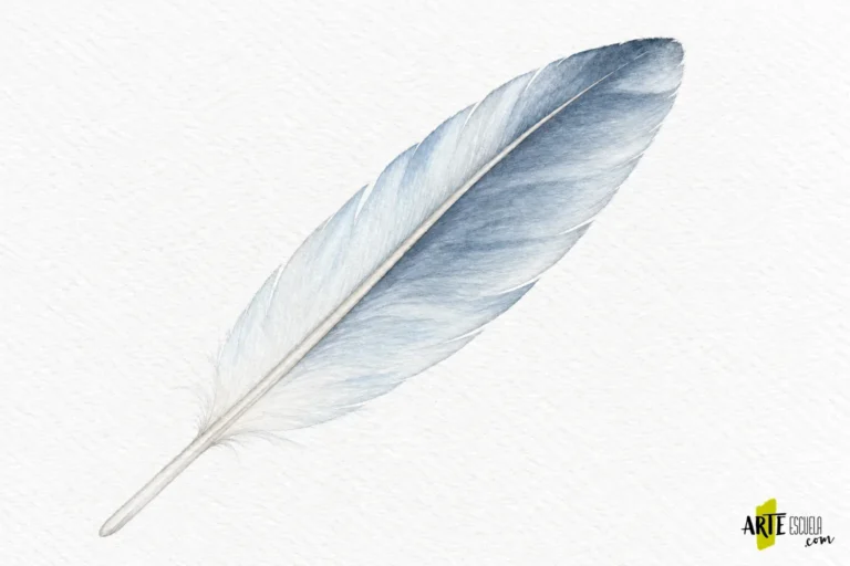 Cómo pintar una pluma con acuarela: eje, barbas y bordes ligeros Pluma azul grisácea terminada con eje ocre fino y pequeñas separaciones en las barbas del contorno